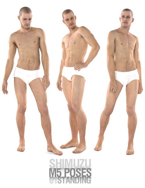 three shirtless men wearing white underwear are standing in different poses against a white background. they are all looking at the camera. they all have short brown hair and are fit.  the man on the left is leaning forward with his weight on his right leg. the man in the middle is standing with his arms crossed in front of him and his left hand on his hip.  the man on the right has his arms by his side and his left hand on his hip.