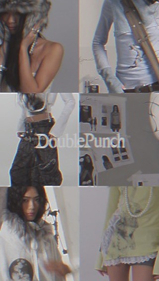 a fashion collage featuring different models showcasing various clothing styles under the brand name "double punch". the collage is made up of various images showcasing different clothing pieces and styles from the brand, providing a variety of aesthetics and looks. the overall feel is grunge, alternative, and slightly punkinspired.