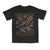 the image shows a black tshirt with a faded, abstract design printed on the front. the design appears to be a blend of muted brown and tan colors, resembling a stylized floral or organic pattern.  the shirt is shortsleeved and has a classic crew neck. the overall style is casual and slightly grungy, suggesting a vintage or artistic feel. the image is taken on a white background, highlighting the shirt's design.