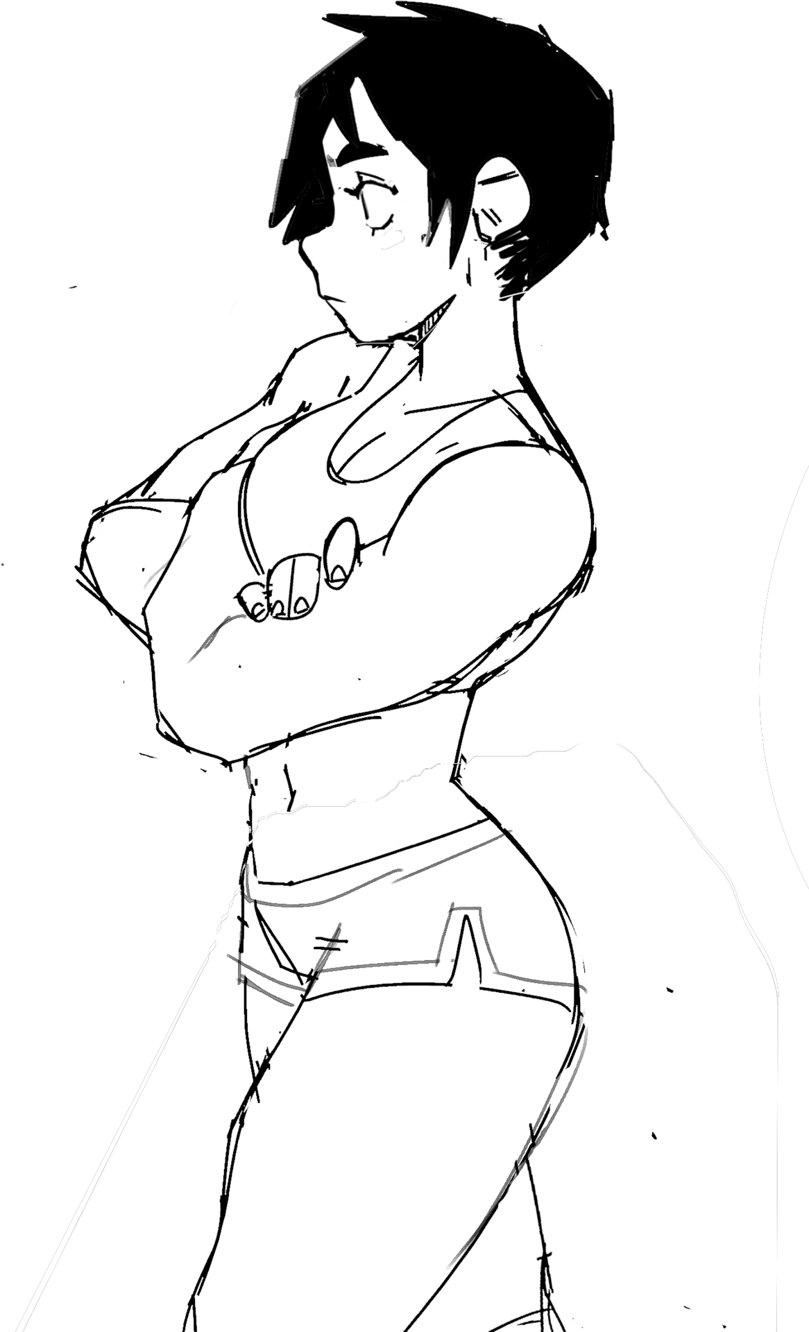 a black and white line drawing of a woman with short hair, posing in a muscle shirt and shorts. she is looking away from the viewer, and her arms are crossed.
