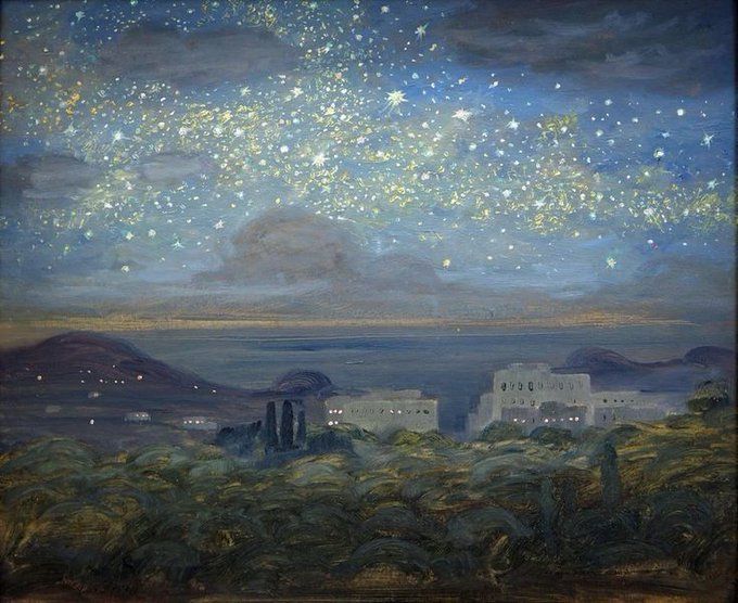 this is a painting depicting a nighttime landscape. the sky is filled with a dense scattering of stars and some scattered clouds. below the sky is a horizon line with land masses or mountains in the distance. in the foreground, there are some buildings or structures that appear to be illuminated, possibly houses or larger building complexes. the lower part of the image shows what appears to be a field or overgrown area. the overall impression is atmospheric and artistic, conveying a sense of wonder and mystery.