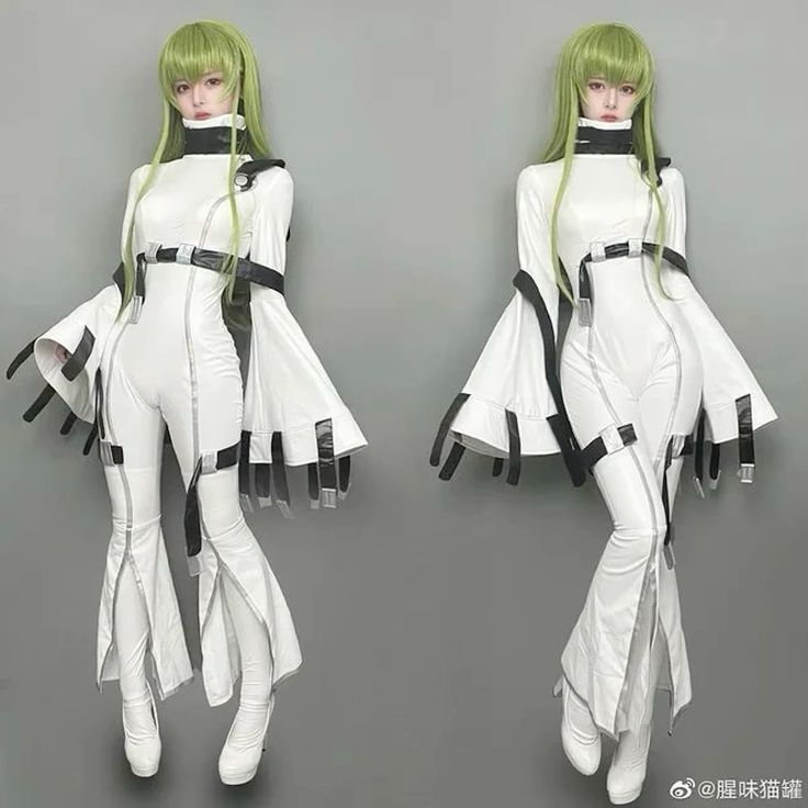 the image shows two identical cosplayers dressed as c.c. from the anime series code geass. they are wearing white jumpsuits with black accents and long green wigs. the cosplayers are posing in a studio setting, and their poses and expressions are mirror images of each other. the overall aesthetic is futuristic and elegant.