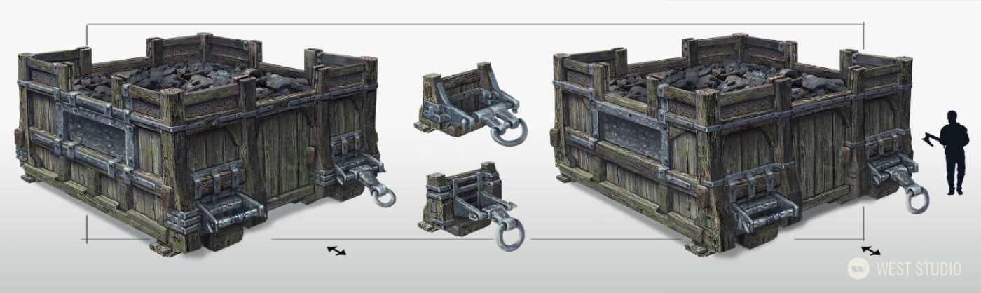 the image showcases a 3d model of a wooden cart filled with dark rocks, potentially ore. the cart has metal reinforcements and attachments, suggesting it's designed for heavy loads.  multiple views highlight its design and a silhouetted figure provides scale.