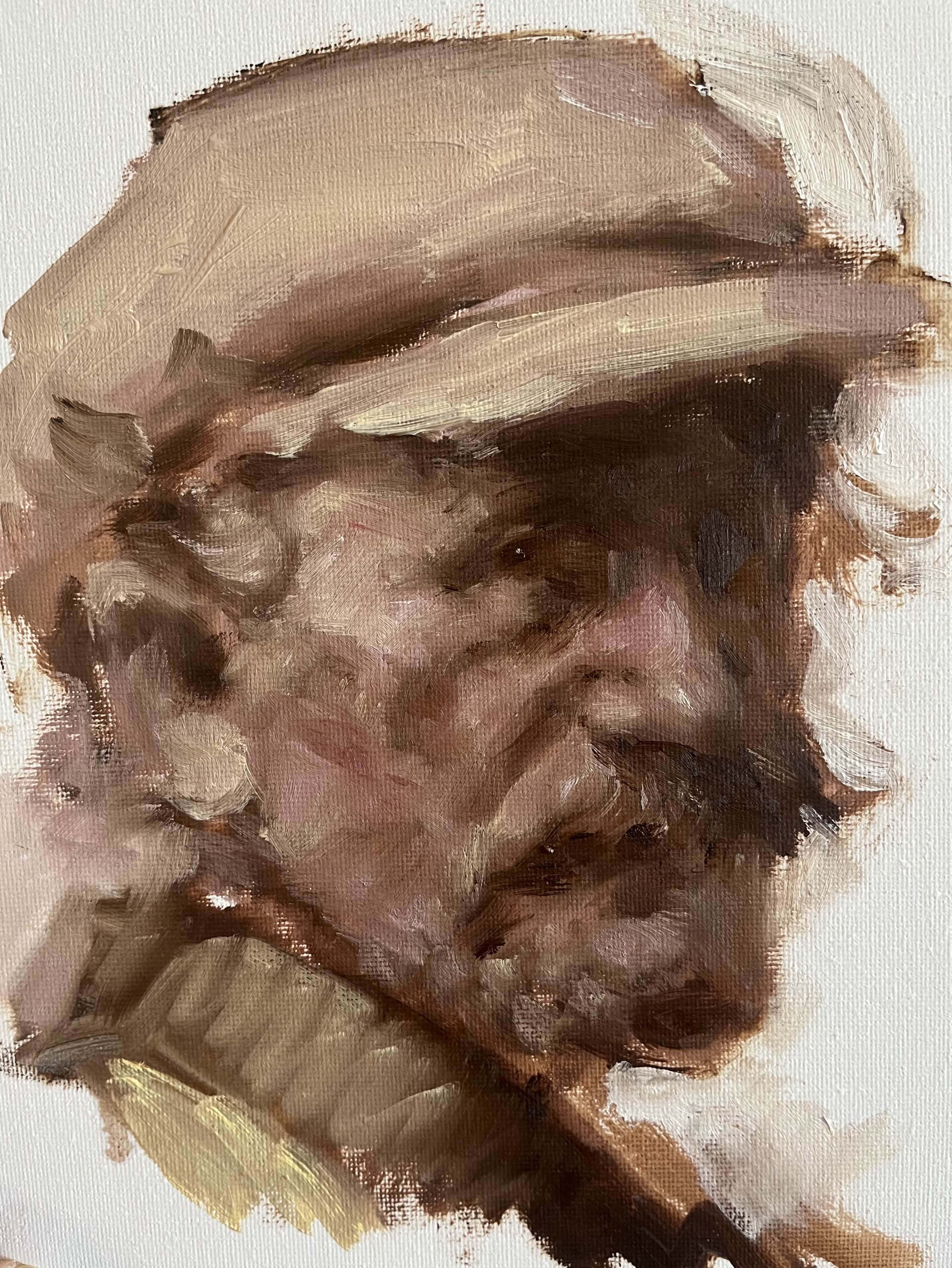 this is an oil painting of a man's portrait. the man appears to be old with weathered skin and wrinkled features. he is wearing a hat and the painting is done with loose brushstrokes, giving it a textured abstract look. the background is white. the painting is closeup of the man's face.