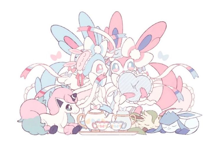 this image features a group of adorable animestyle pokemon having a tea party. there are many different pokemon including gardevoir, sylveon, espeon, glaceon, kirlia, and wigglytuff. the image is drawn in a very cute and kawaii style. the pokemon are all wearing pretty dresses and are enjoying a tea party with teacups and a teapot. the background is white and the pokemon are all drawn with delicate lines and soft pastel colors.