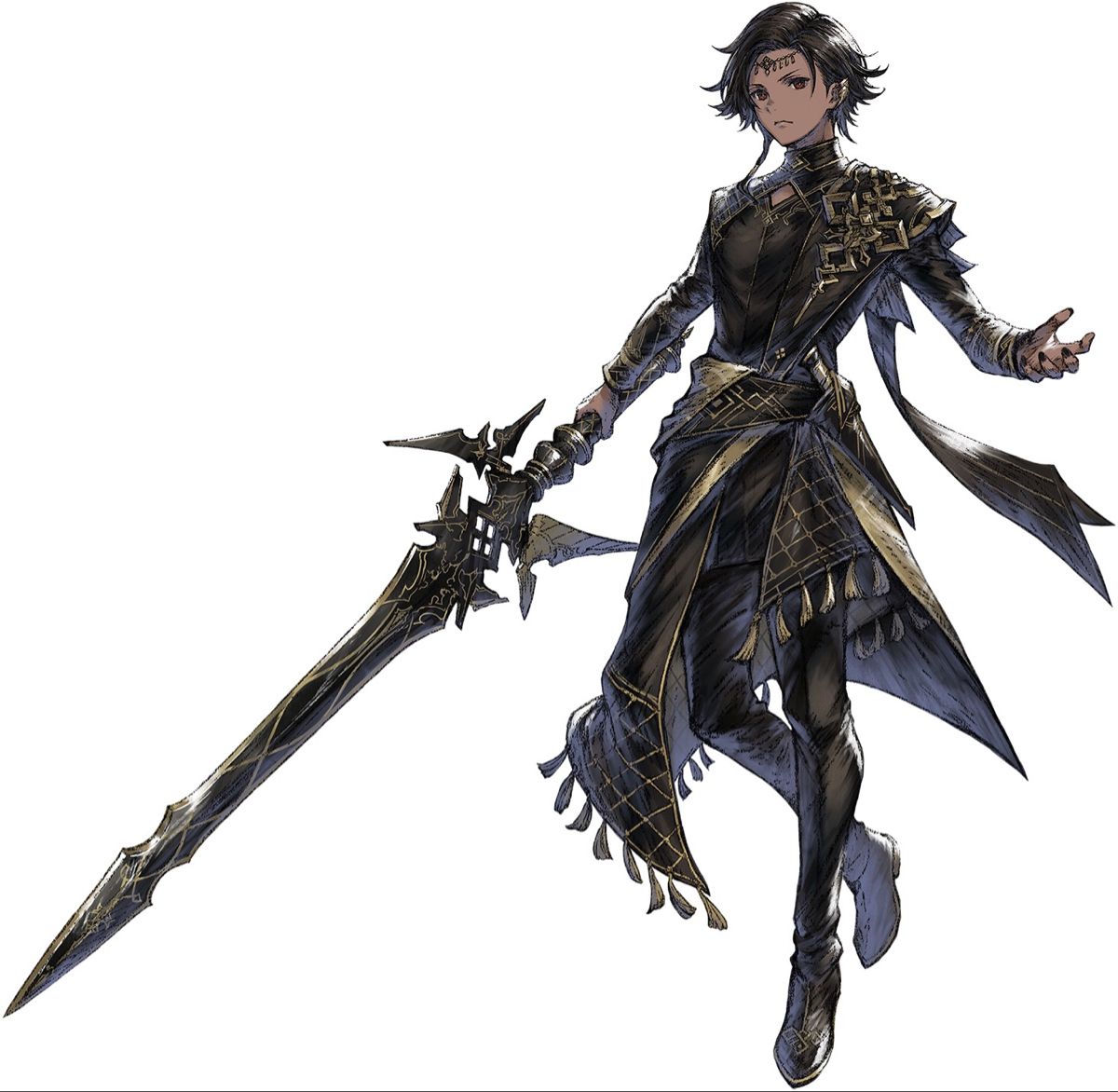 a young man with short, dark hair and dark eyes stands in a dynamic pose. he's dressed in an elaborate, predominantly black outfit with intricate gold details, suggestive of a fantasy setting. he holds a long, ornate sword with a black blade and gold accents, pointed towards the ground. his expression is serious, with a hint of determination.