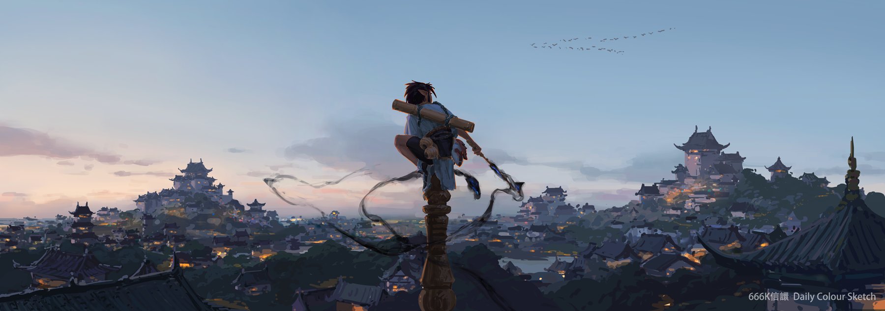 a digital painting depicting a lone figure, possibly a warrior or monk, perched atop a tall pole overlooking a sprawling asianstyle city at sunset. the city is filled with traditional architecture, including temples and pagodas, illuminated by the warm glow of the setting sun. the figure is carrying a scroll and holds a stafflike object, possibly a weapon or a tool. dark, mysterious shapes reminiscent of smoke or energy emanate from the figure. the overall atmosphere is serene and atmospheric, highlighting the contrast between the individual and the vastness of the city. the artist's signature "666k daily colour sketch" is visible in the bottom right corner.