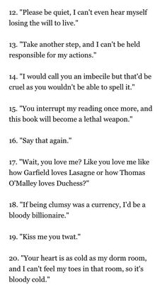 the image contains a list of 9 humorous, sarcastic quotes numbered from 12 to 20. the quotes touch on themes of annoyance, love, clumsiness, and insults.