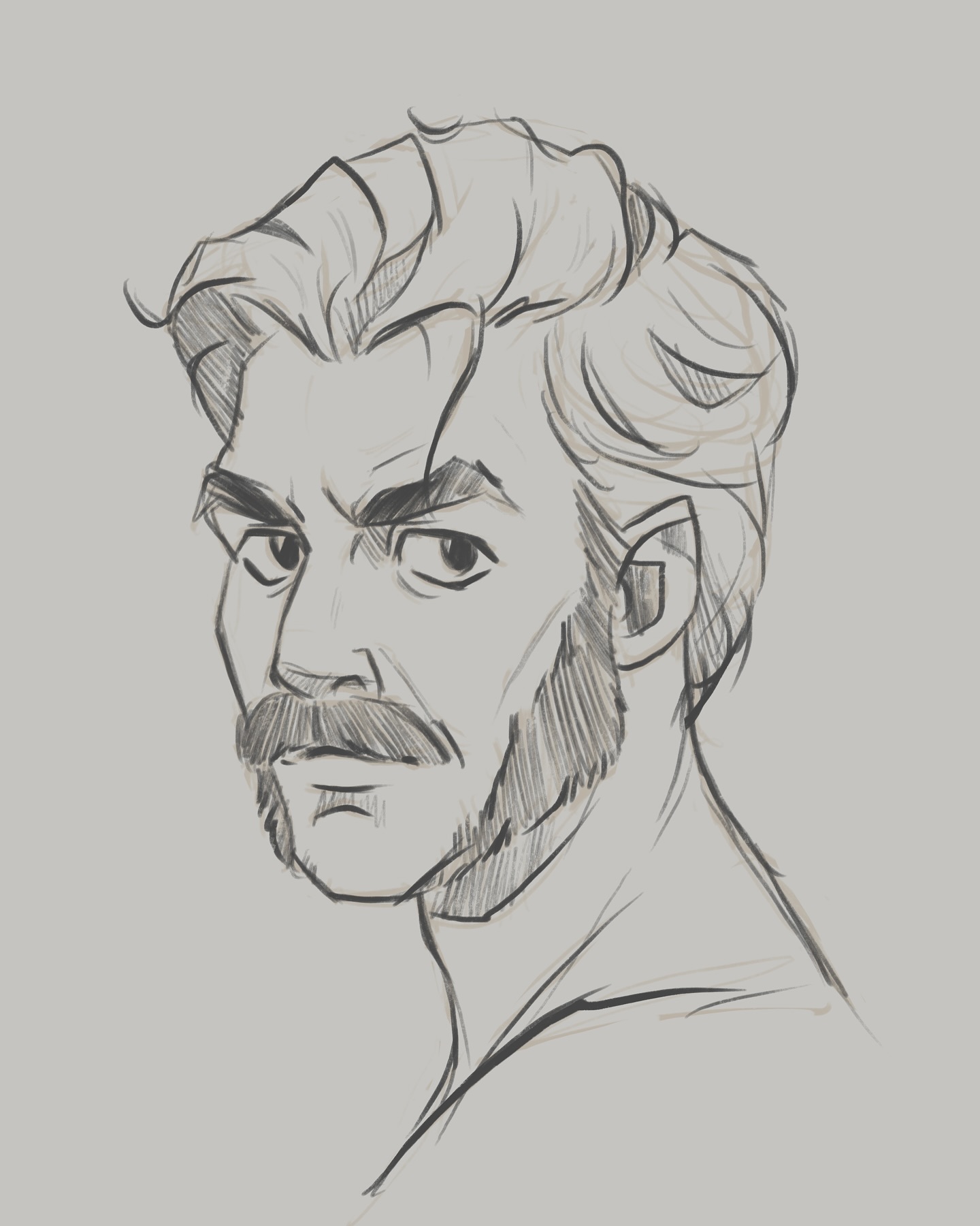 the image is a grayscale pencil sketch of a man's head and shoulders. the style is loose and expressive, focusing on capturing the likeness and mood rather than photorealistic detail. the man has styled hair, a prominent mustache, and a short beard. his expression is serious or intense, and he's depicted from a slightly threequarter view, looking towards his left. the background is a simple, light gray.  the lines are confident and varied in weight, suggesting a quick, gestural approach to the drawing.