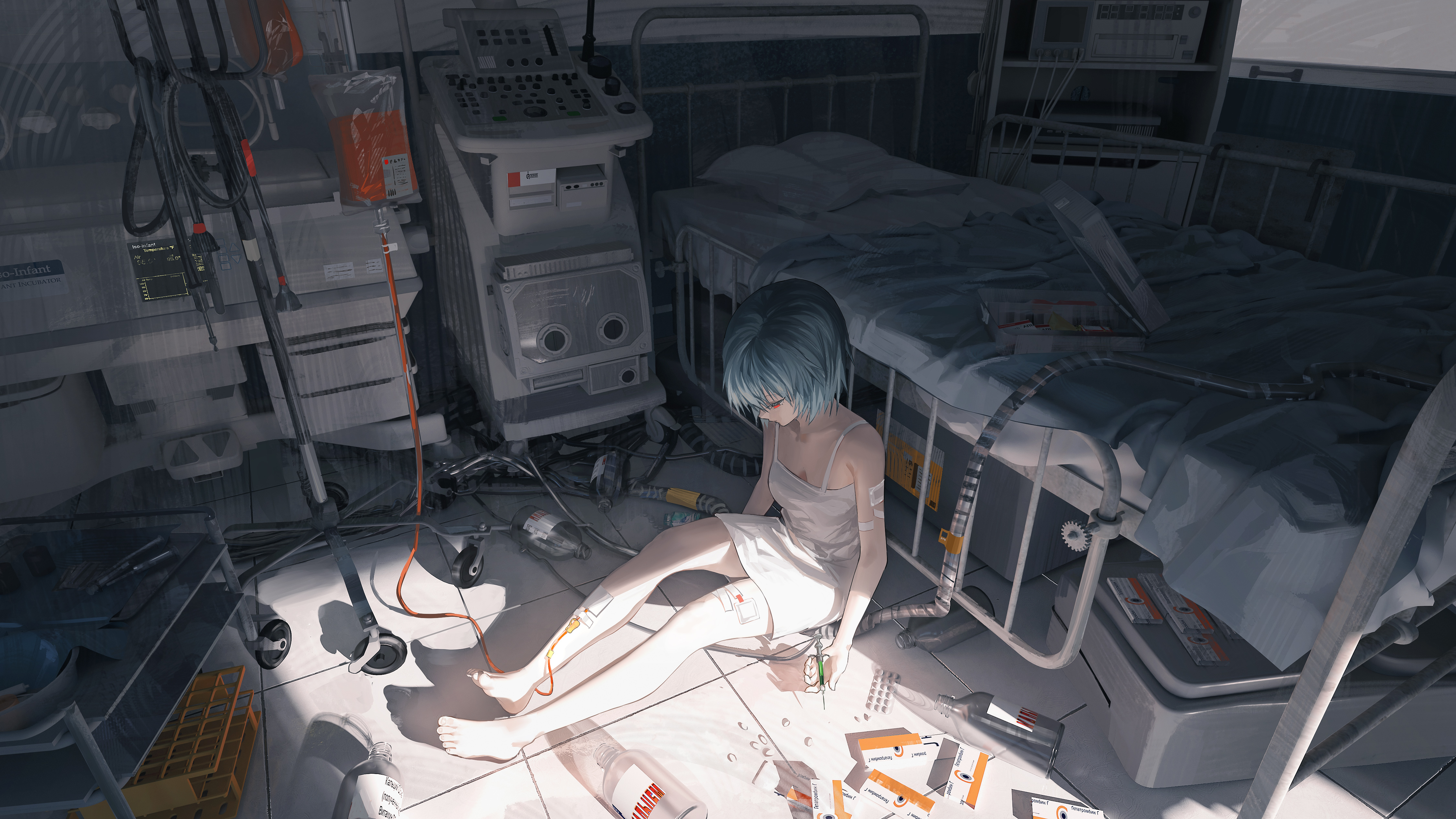 the image is a digital illustration of an anime girl with teal hair sitting on the floor of a messy hospital room. she is wearing a white dress and has bandages on her legs.  medical equipment, including an iv drip and various tubes and wires, is scattered around her.  pills and medication are strewn on the floor near her. the overall atmosphere is desolate and sad, suggesting a feeling of loneliness and abandonment. the room itself is dimly lit and cluttered, contributing to the overall mood. the style is highly detailed and realistic, typical of digital anime art.
