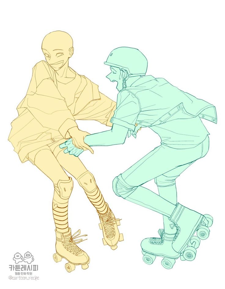 a line art illustration of two friends, a male and a female, roller skating. the female is on the left, and is wearing a yellow jacket, shorts, and roller skates. she is reaching out her hand to the male, who is on the right. the male is wearing a green shirt, jeans, and roller skates, and is smiling and looking at the female. the lines are in yellow and green. there is a watermark in the bottom left corner.  the image is done in a digital art style.