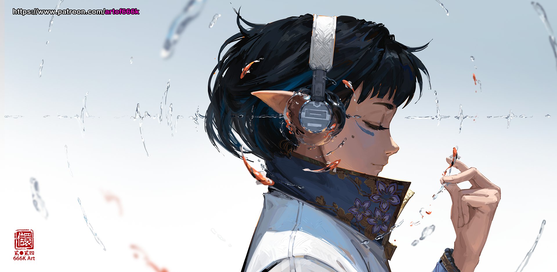 the image is a digital painting of a young animestyle girl with elf ears. she's wearing large white headphones and a stylish, ornate collar.  she has dark hair and is depicted in profile, eyes closed, appearing calm and serene.  water droplets and small koi fish surround her, creating a dreamy, ethereal atmosphere. the style is painterly and detailed, with soft shading and a focus on the character's peaceful expression. the background is a light, muted color, allowing the character and the water effects to stand out. a watermark with a patreon link and artist signature is visible in the top left corner.