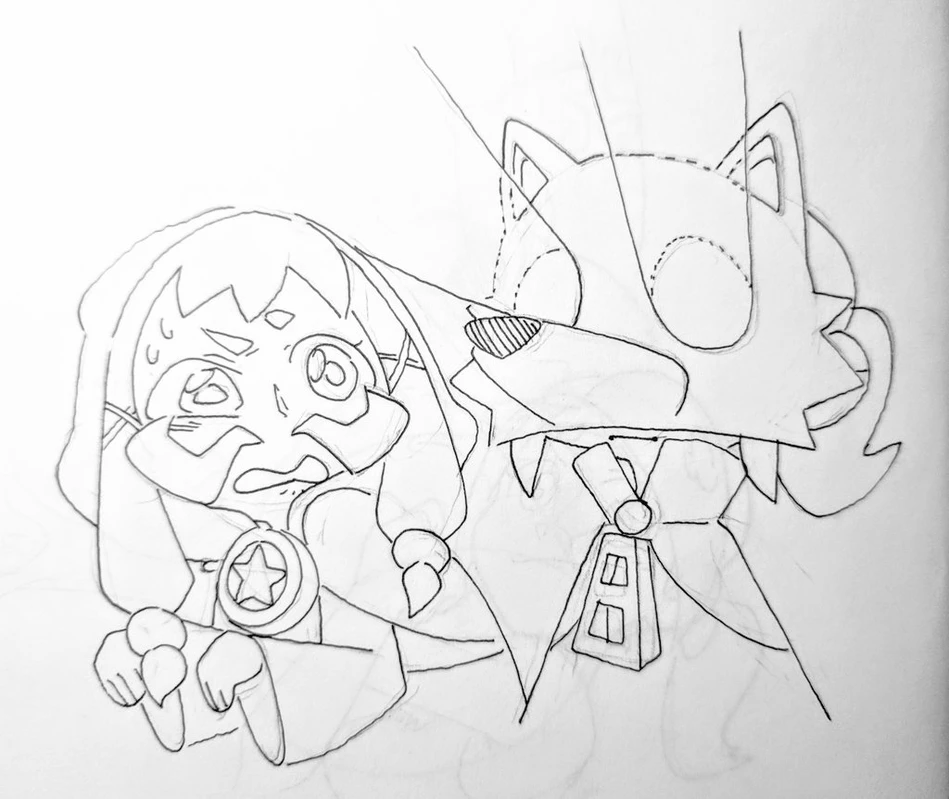 a line art drawing of a cartoon girl with big eyes and a scared expression. she is holding a badge with a star on it. she is being threatened by a furry cartoon monster with a big mouth and sharp teeth.