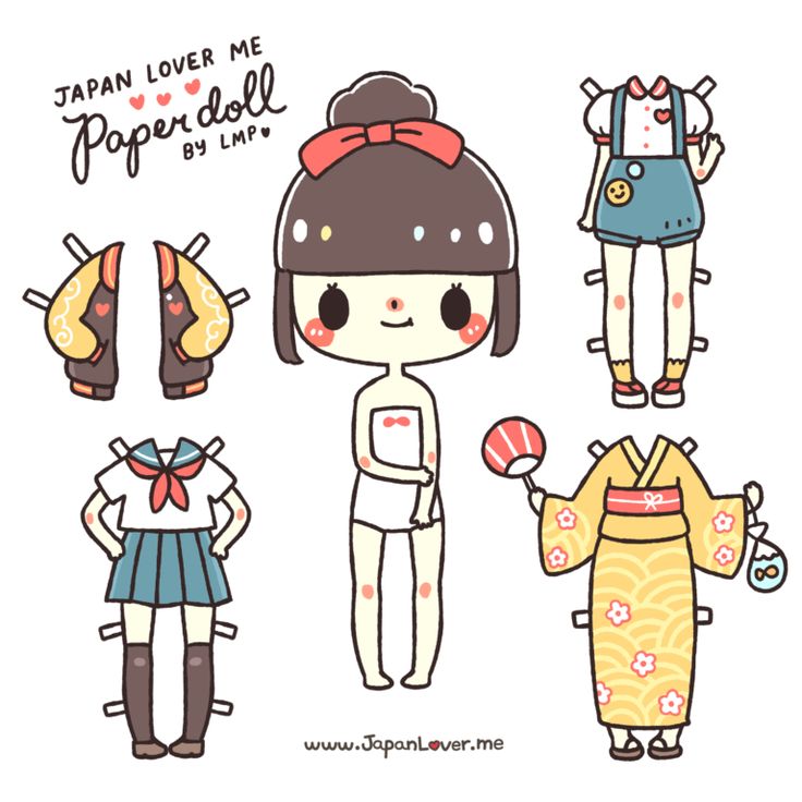 the image is a printable paper doll set featuring a cute, kawaiistyle japanese girl.  the doll has several different outfit options including a summer outfit, a school uniform (seifuku), a yukata (light summer kimono), and a pair of unique sleeves. accessories such as a fan and a headband are also included. the design is bright, colorful, and in a cartoon style.  the title "japan lover me paper doll by lmp" is displayed at the top.  the website address "www.japanlover.me" is at the bottom.