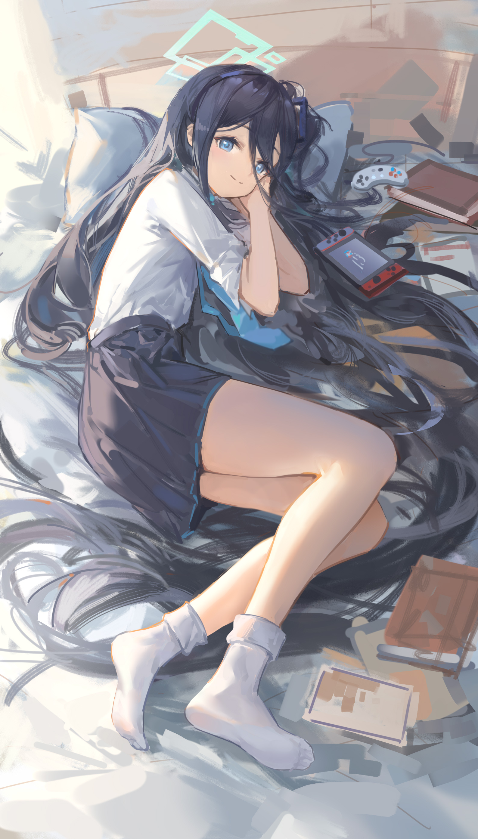 the image is a digital illustration of a cute anime girl with long black hair, wearing a white shirt and blue skirt, lying comfortably on a bed. she is wearing white socks and has a relaxed expression.  around her are books, a nintendo switch, and a game controller, suggesting a cozy and leisurely scene. the art style is soft and pasteltoned, creating a peaceful and calming atmosphere.