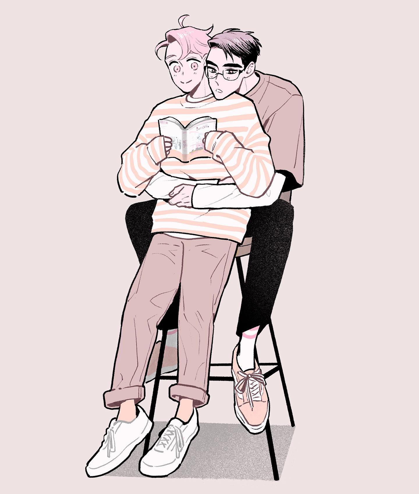 he image is a pasteltoned illustration of a young couple, possibly from an anime or manga style. the couple are embracing while one of them, with pink hair, is holding a book. they are sitting together on a stool. their clothes are primarily in shades of pink and beige, with one wearing a striped sweater and the other a plain tshirt.  the overall style is sweet and romantic.