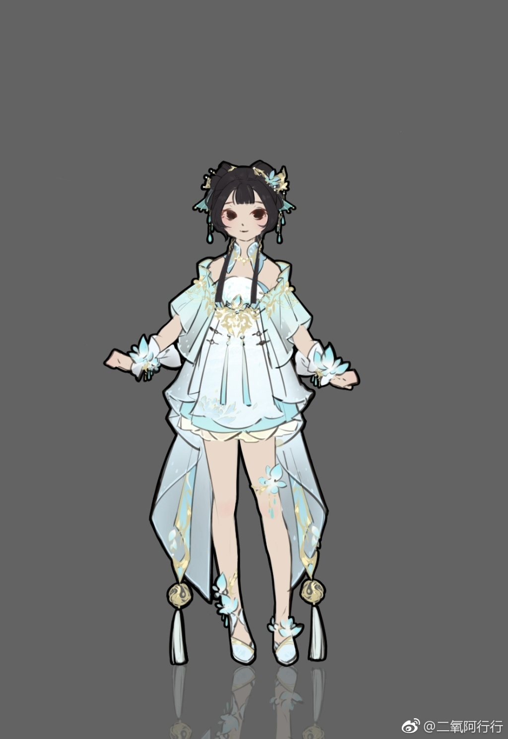 a digital illustration of a young girl with black hair and red eyes wearing a beautiful white hanfu. the hanfu is white with blue patterns and gold accents. she is also wearing white hair ornaments and jewelry. the background is a plain gray.