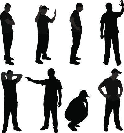 this image features a group of eight men in silhouette. some are standing casually, while one is sitting with his chin on his hand. one is pointing, and all appear to be young adults. their dress suggests a casual, everyday setting. the silhouettes are black against a white background.