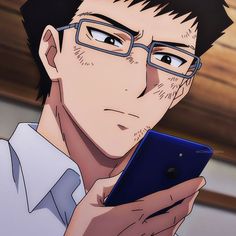 a closeup illustration of a man with glasses holding a blue phone. he is indoors with wood paneling behind him.