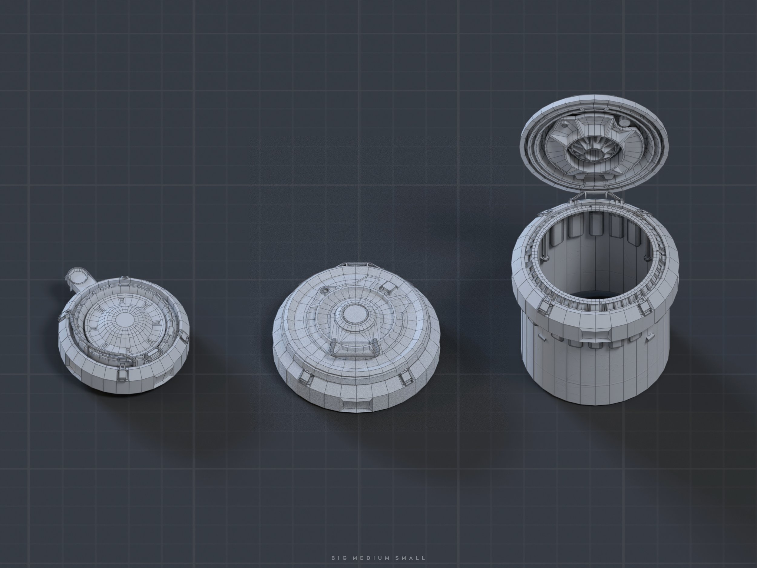 the image presents a 3d wireframe render of three cylindrical containers in varying sizes – small, medium, and large – with circular hatches.  the largest container is shown with its lid open, revealing an internal structure. the smaller two are shown with their lids closed. all are rendered in a light grey wireframe style against a dark grey gridded background, giving the impression of a technical blueprint or design concept.  the text "big medium small" is subtly placed at the bottom to indicate the size progression.