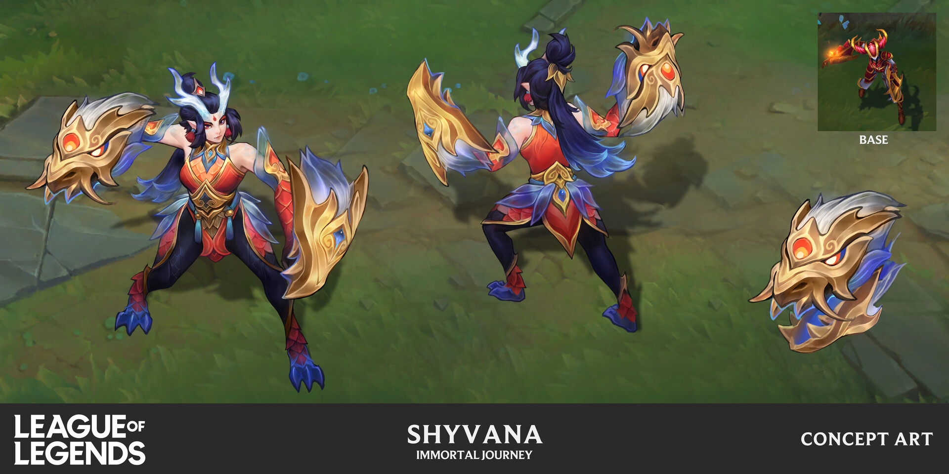 the image showcases concept art for a shyvana skin in league of legends titled "immortal journey".  the artwork features multiple angles of shyvana, a halfhuman, halfdragon character. she's depicted in a richly detailed outfit with chineseinspired elements, adorned with gold and red accents, and wields large, ornate dragonhead shields. the style is elegant and fantastical, showcasing a blend of mythical creatures and easternthemed aesthetics. a smaller inset shows a base model of the champion. the overall presentation highlights the design process and detail of the new skin.