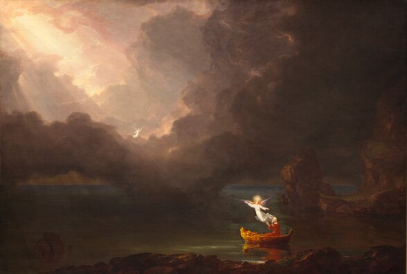 the image is a painting depicting an angel on a boat in a stormy sea. light shines through the clouds above, illuminating the scene. the angel appears to be guiding the boat through the dark waters towards the rocky shore. another faint angel figure is seen in the clouds in the upper left.