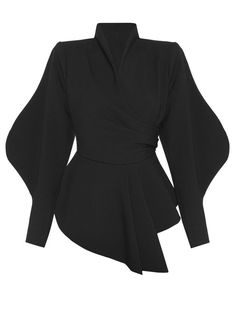 a black longsleeved blouse with ruffle detailing and a wrap front. the blouse is stylish and sophisticated, perfect for a night out or a special occasion.