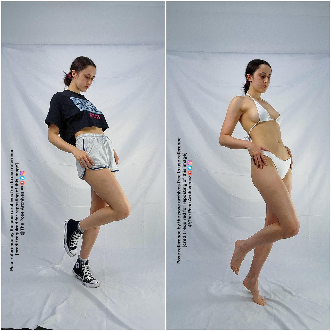 the image features a young woman in two different outfits, showcasing standing poses against a plain white background. on the left, she wears a black cropped tshirt, gray athletic shorts, and black and white converse sneakers. on the right, she wears a white bikini. the lighting is soft and even, highlighting her form and the details of her outfits. the poses are natural and relaxed, emphasizing the versatility of the poses for artists and illustrators.