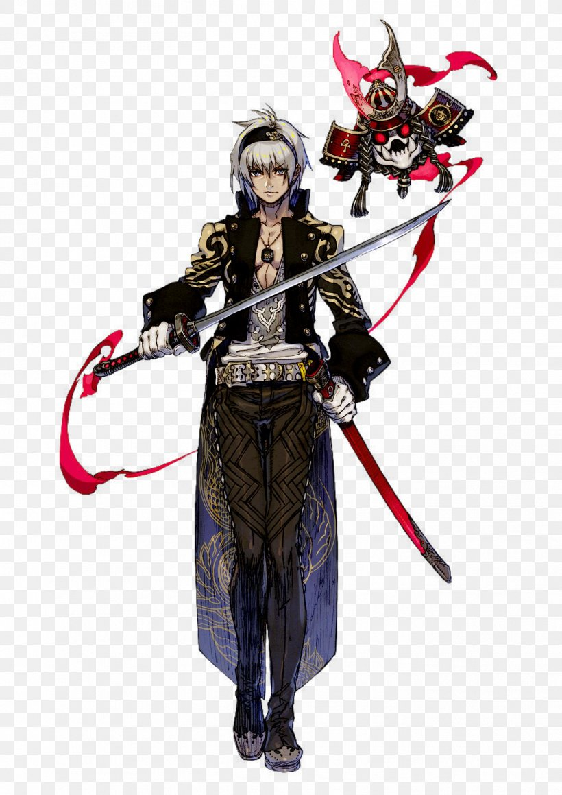 a male anime character with short white hair and dark eyes stands in a confident pose. he is dressed in a long black and gold coat with a high collar, and his chest is partially exposed. he wears tight black pants with gold accents and black boots. a red samurai helmet with a menacing skull design floats behind his head. the character holds a katana sword with a red blade in his right hand, and a trail of red energy follows the sword's movement.