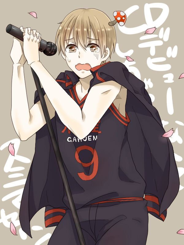the image is a digital drawing or fanart of an animestyle boy. he appears to be a young man with short brown hair, wearing a darkcolored basketball jersey with the number 9 and what looks like a dark jacket or oversized shirt over it. he's holding a microphone and seems upset or distressed, tears visible on his face.  cherry blossom petals and a small mushroom are floating around him, adding to the emotional and possibly melancholic atmosphere.  the background includes stylized japanese characters.  the overall style is soft and slightly sketchy.