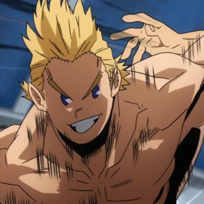 the image shows a muscular anime character with blonde hair. he is smiling and has his arms extended to the side, as if he is about to attack. he looks very powerful and determined, with a slight smirk on his face.  the image is drawn in an anime style, with exaggerated features and dynamic lines. the character's clothing is very minimal, showcasing his muscular build. the background is a blur of colors, suggesting that he is moving quickly. the overall image is one of action and power, making it clear that this character is a powerful force to be reckoned with.