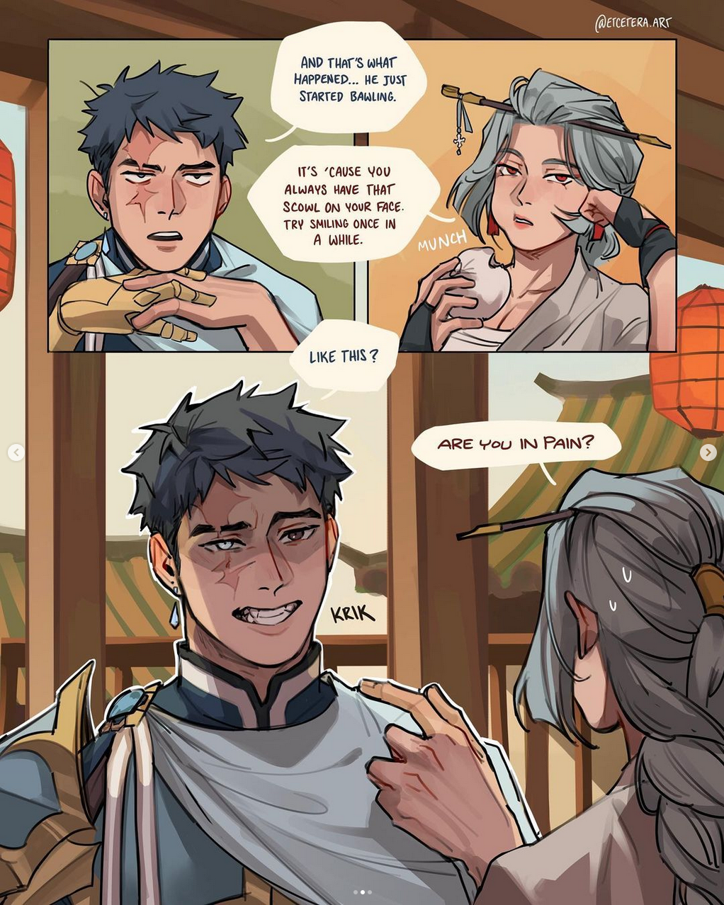 this vibrant comic strip captures a humorous interaction between three individuals. two men, one with a noticeable scar across his face, are engaged in a conversation. the scarred man is attempting a smile, prompted by the other man's observation about his usual scowl. a woman with silver hair enjoys a snack in the background, observing their exchange with amusement. the setting appears to be indoors, possibly a restaurant, with warm lighting illuminating the scene.