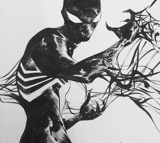 a black and white ink drawing of venom, a fictional superhero character from marvel comics. venom is depicted in a dynamic pose, with his web shooters firing and his symbiote tendrils reaching out. the drawing is highly detailed and captures the character's menacing and powerful nature.
