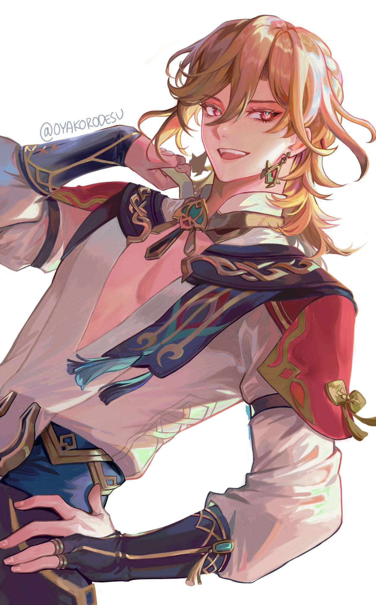 a digital art illustration of the genshin impact character scaramouche, depicted with a confident and elegant pose. he has blonde hair, red eyes, and is wearing a white shirt, red and blue cape and black gloves. he is smirking and looking to the side.