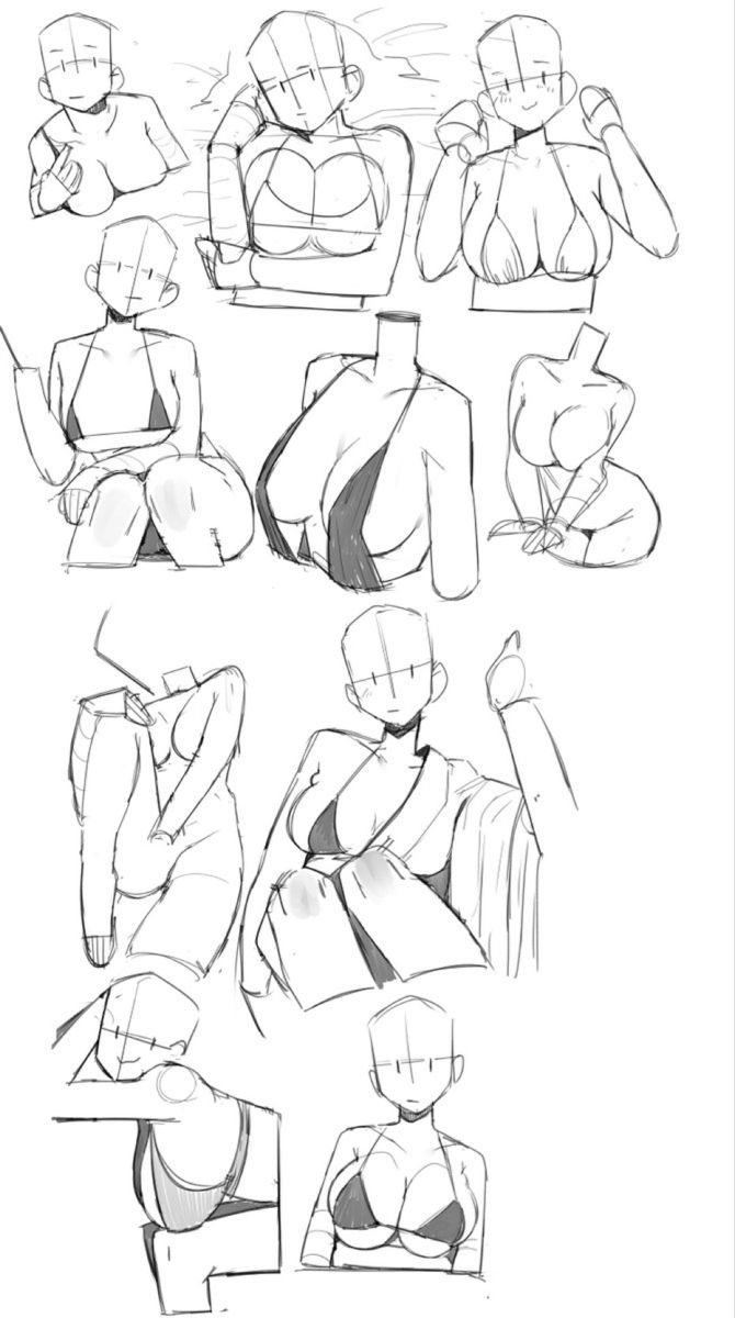 the image is a collection of sketches depicting various female figures in different poses. the sketches are done in a manga/anime style, focusing on anatomy and body posture. the figures are either sitting, lying down, or in dynamic poses. they are primarily depicted with bust and torso, arms, hands, legs, and face. many of the figures are wearing minimal clothing such as a bra, underwear, or bikini. the sketches are outlines, suggesting they are practice studies for figure drawing.