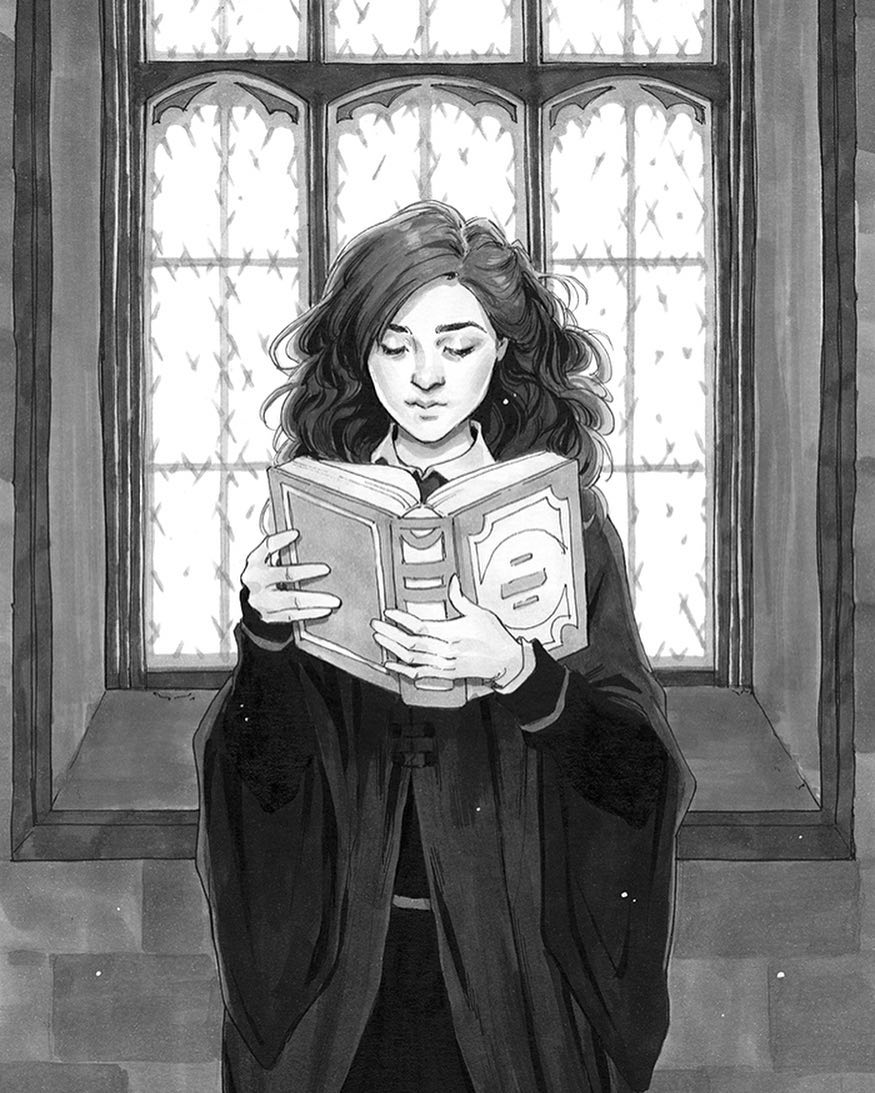 a grayscale illustration of a young woman reading a book in a classroom with a large window behind her. she is dressed in a long black robe with a pointed collar and a black undershirt. she has long, dark hair and is looking down at the book. the classroom is simple, with white walls and a tiled floor. the window is large and has a view of the outside, with a grid of panes. the woman appears to be a student at a school for witchcraft and wizardry.