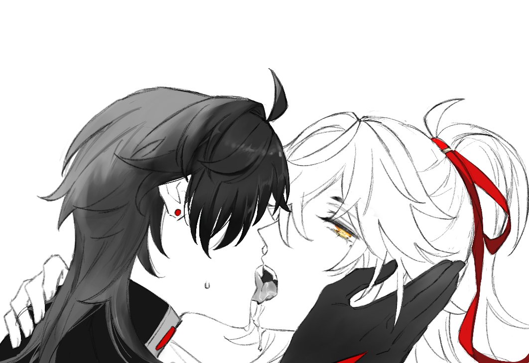 a black and white anime drawing of a couple kissing. the male character is on the left and the female character is on the right. the female character is wearing a red ribbon in her hair. the male character has a red bead earring.
