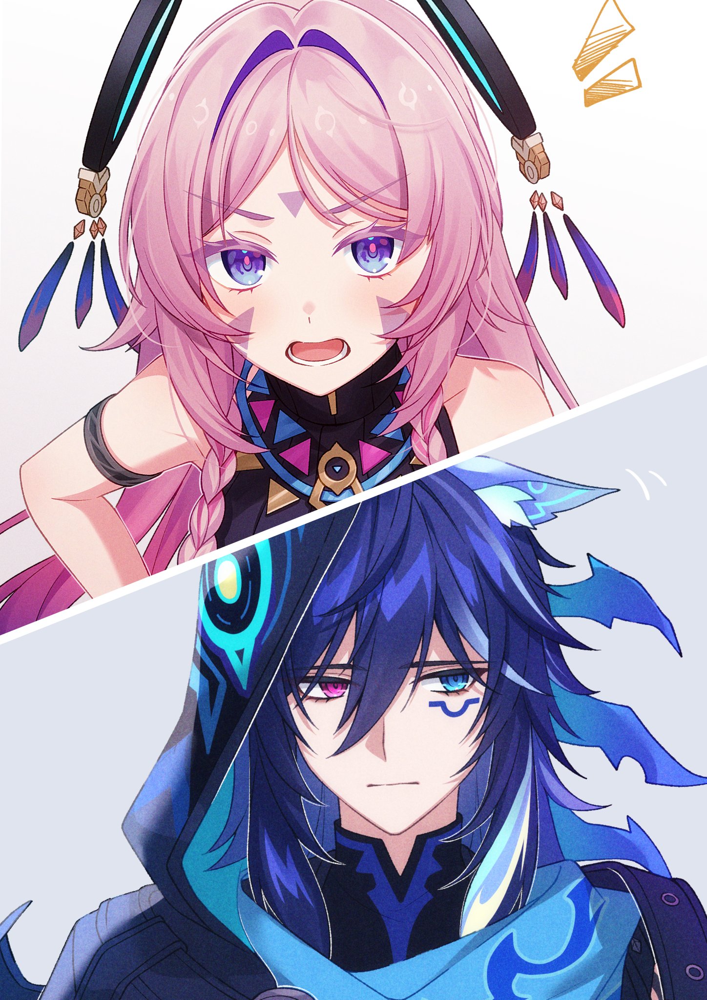 this is a digital art illustration of two anime characters, a girl with pink hair and a boy with blue hair. they are both looking at the viewer with serious expressions. the girl is wearing a purple and blue outfit and the boy is wearing a blue and purple outfit.