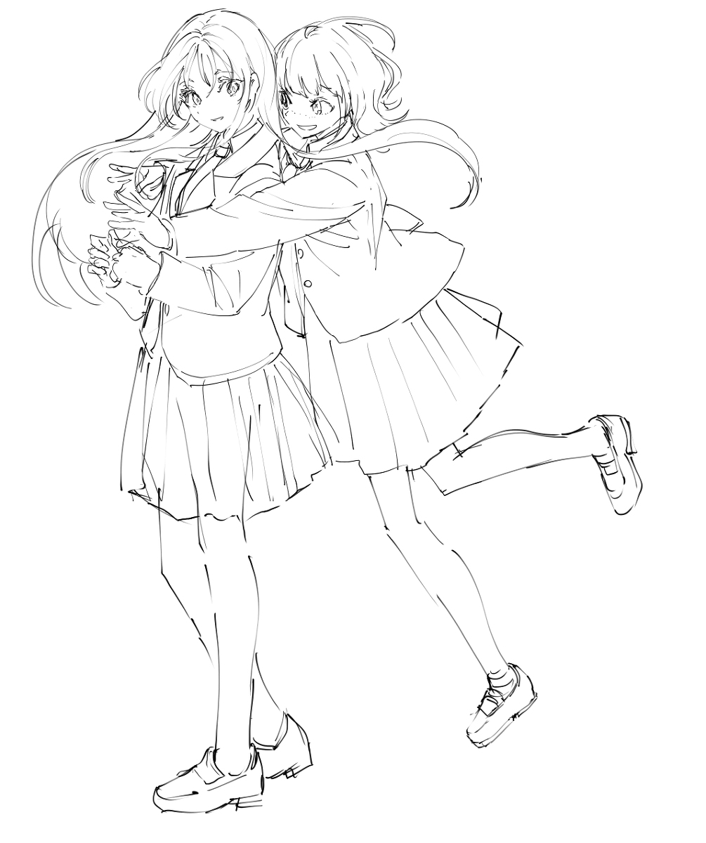 he image is a black and white sketch of two animestyle schoolgirls hugging each other.  one girl has longer hair than the other. they are wearing similar pleated skirts and jackets, typical of japanese school uniforms. the drawing style is loose and expressive, characteristic of a quick sketch rather than a finished piece. the girls appear to be happy and close to each other. the drawing is done in a dynamic pose, suggesting movement.