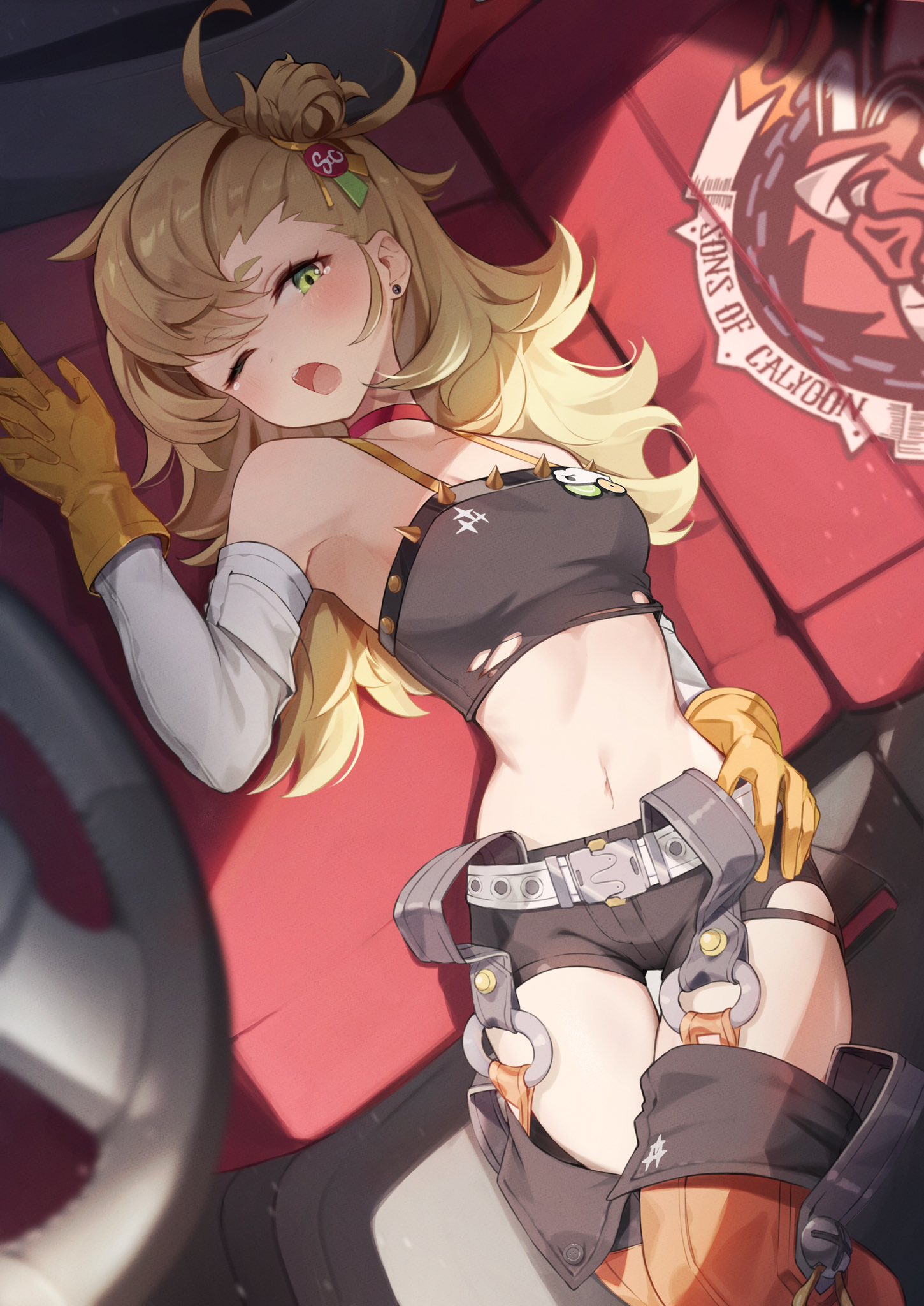 the image is a digital illustration of an animestyle girl with long blonde hair. she is lying down in a car seat, which has a logo for "sons of calydon" visible on the back. she is wearing a ripped black top, short shorts, gloves, and a harness with straps and buckles. her expression is relaxed, and she is winking. the overall style is casual and slightly suggestive. the art style is reminiscent of manga and anime, with vibrant colors and expressive lines.