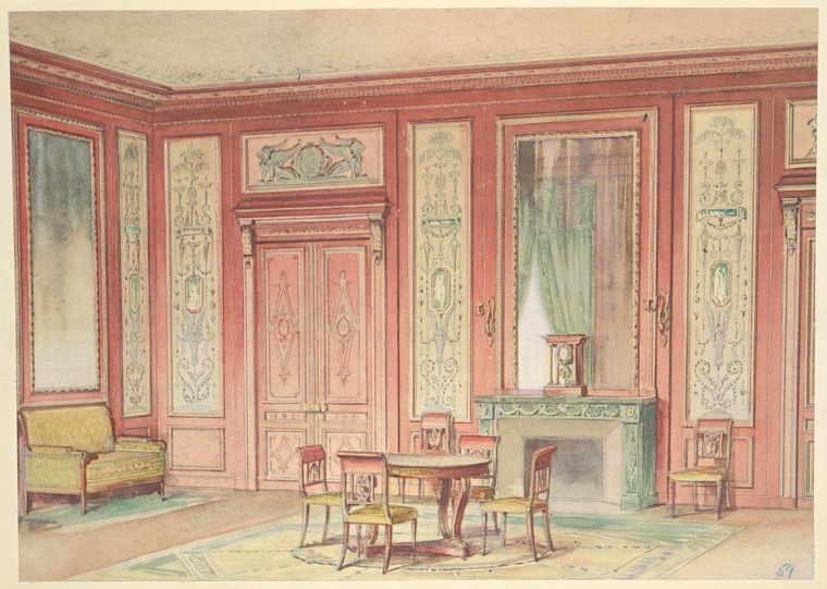 the image shows a watercolor painting of an ornate room interior with pink walls, decorated with elaborate white and green ornamentation. a round table with chairs sits in the center of the room, while a yellow sofa is placed near a corner. a fireplace with a green mantle is visible, topped with a clock. the room features several framed mirrors and doors, all contributing to the room's formal and decorated style. a carpet covers the floor.