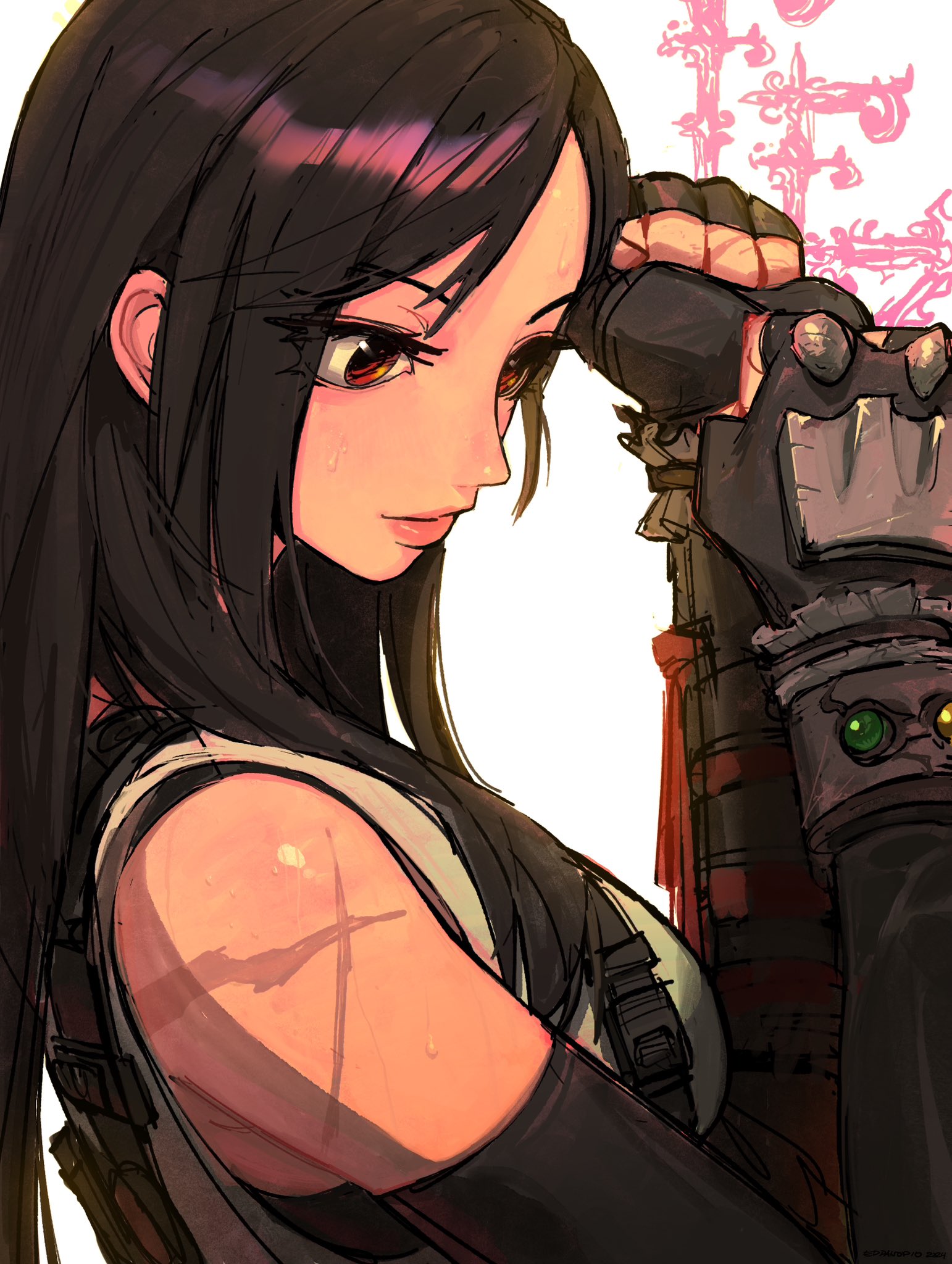 the image is a stylized animestyle portrait of a young woman. she has long, dark hair, brown eyes, and is shown slightly from the side. she appears tired or strained, with visible sweat on her skin and her hand resting on her forehead.  she's dressed in dark clothing suggestive of a warrior or soldier, with various straps and gear, including gloves with metallic accents and what looks like a partially visible sword or weapon strapped to her back. the background features indistinct pink elements with what looks like stylized kanji or similar characters.  there's a noticeable mark resembling a tattoo or scar on her shoulder. the overall style is detailed and painterly, with a focus on texture and lighting.