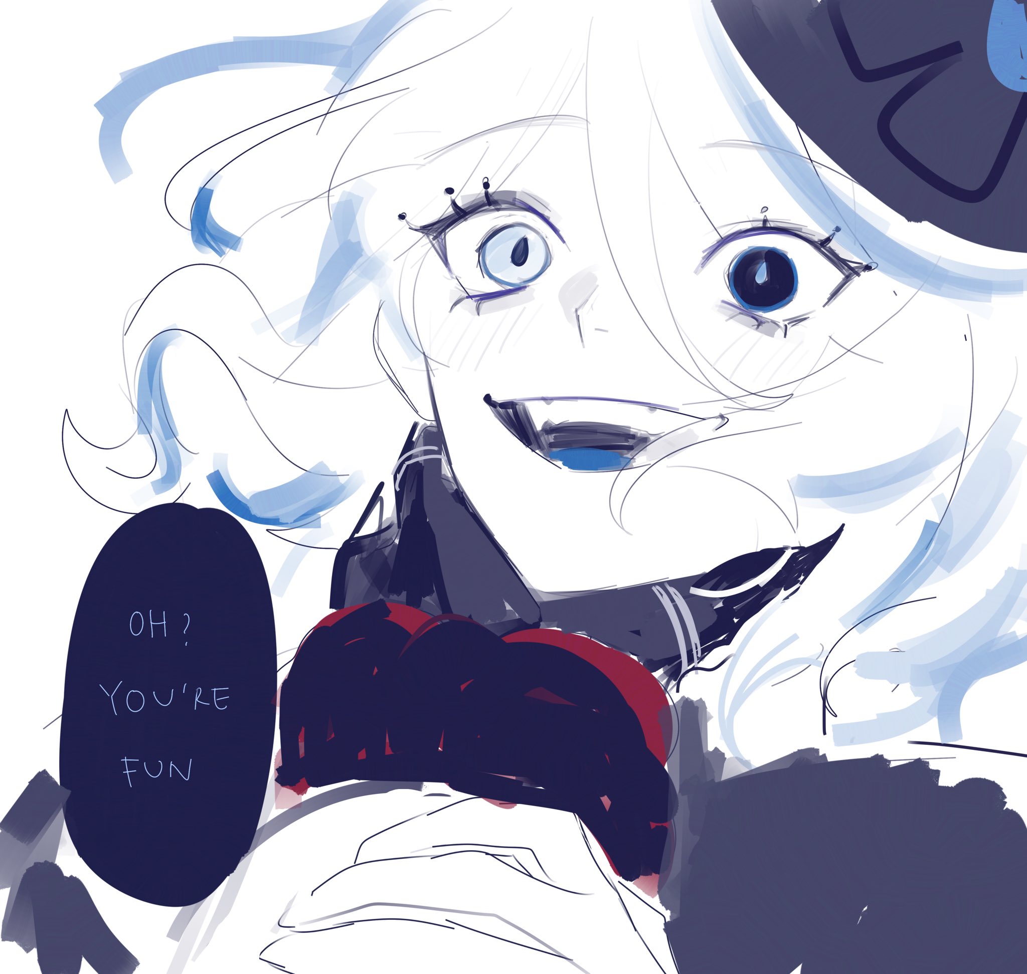 this is a digital illustration of a young woman with white hair, blue eyes, and a mischievous smile. she is wearing red gloves and a black scarf. the illustration is drawn in a style similar to anime and manga. the background is white and the woman is the main focus of the image. the image conveys a sense of playfulness and happiness.