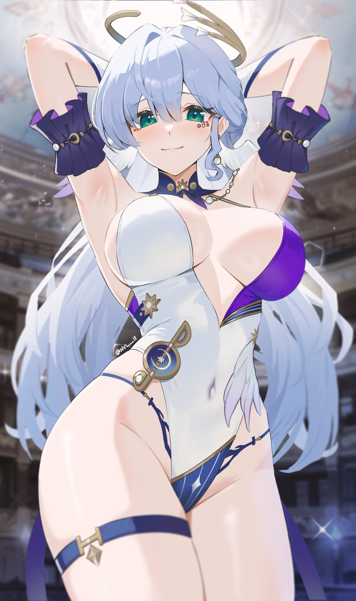 this is a digital art illustration of an anime girl with long white hair, green eyes, and a bright smile. she is wearing a white and blue swimsuitlike outfit with purple accents and a halo above her head. she is standing in a building with her arms above her head and her back to the camera. the background is blurry and has a blue color. the illustration is of good quality with smooth lines and colors. the overall style is quite suggestive and appealing.