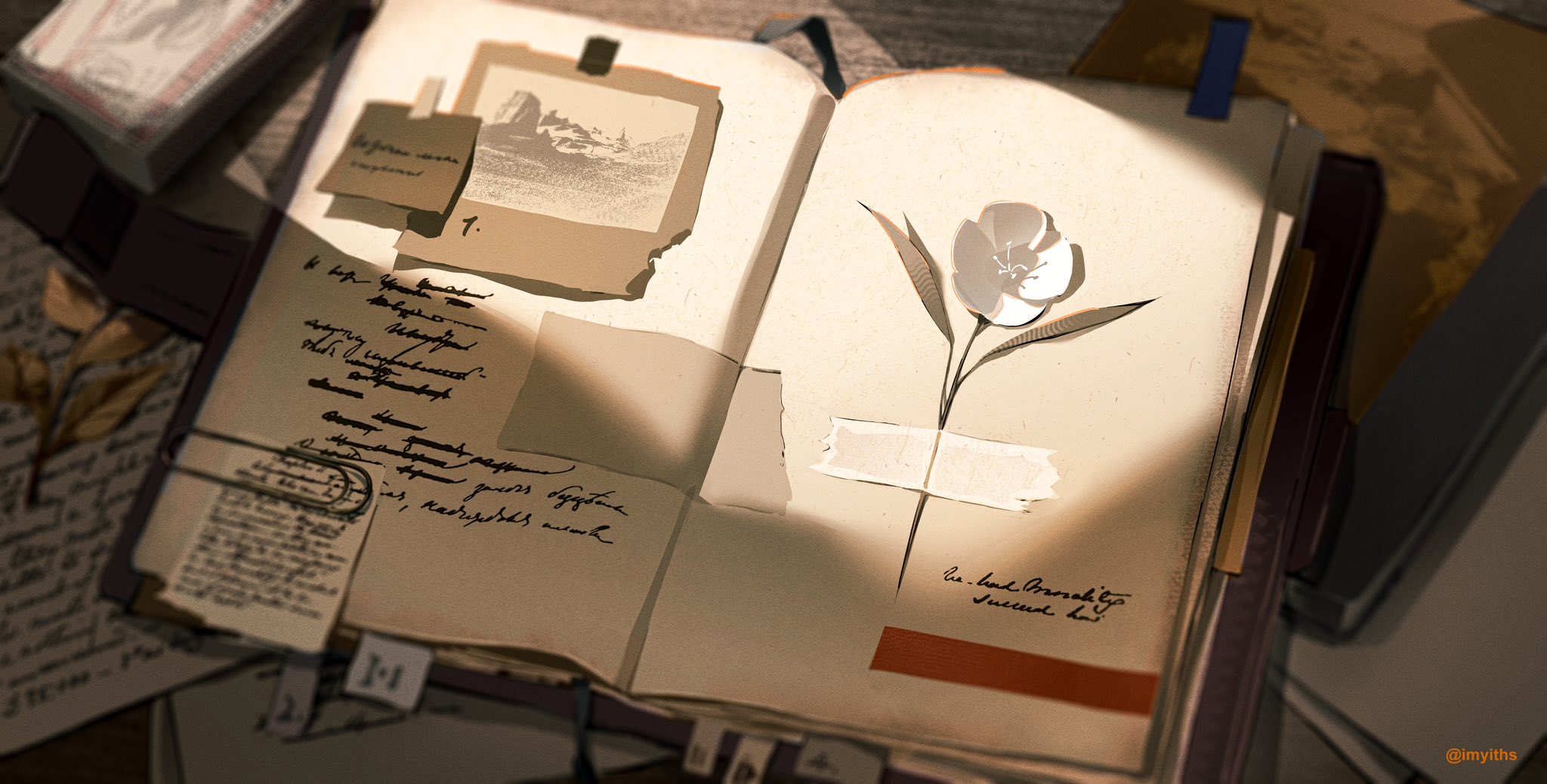 a closeup shot of an open vintage journal or scrapbook, bathed in warm sunlight. the pages are filled with handwritten notes, sketches, pressed flower, and a sepiatoned photograph. the overall aesthetic is nostalgic and evokes a sense of memories and history. the image is highly detailed, with textured paper and subtle shadows adding depth.  the style is reminiscent of digital painting or illustration with a focus on creating a realistic, vintage feel.