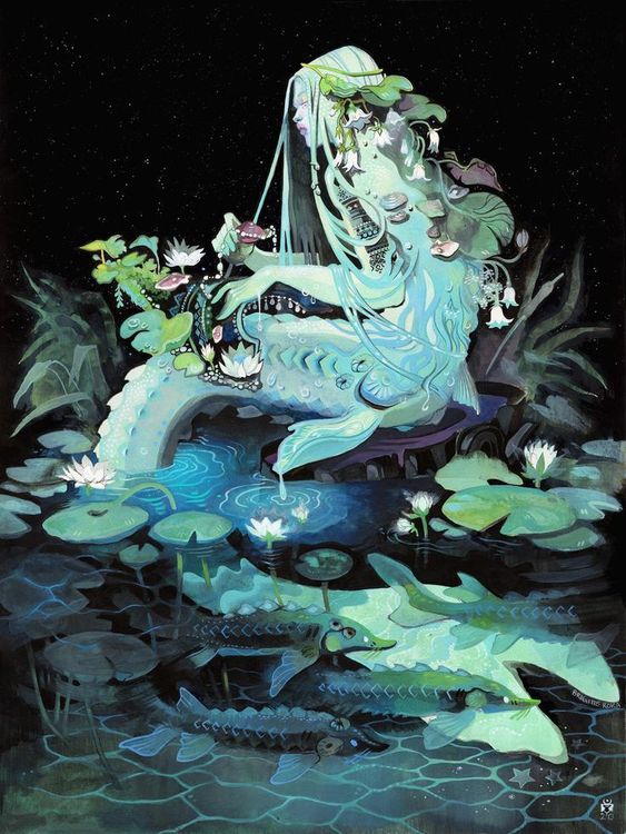 the image is a fantasy illustration depicting a serene mermaidlike creature.  she has long flowing light teal hair adorned with what looks like pearls or small gemstones, and sits partially submerged in a dark, enchanted pond.  the pond is filled with lily pads and water lilies that appear to glow softly. several sturgeon fish swim around her in the water. the creature herself seems to be part of the aquatic environment, seamlessly blending with the lily pads and water. the overall palette is predominantly dark teal, green, and blue, creating a mystical and dreamlike atmosphere. the style is reminiscent of watercolor painting, with soft blending of colors and a slightly ethereal quality to the figures and environment. the background is a deep, dark night sky speckled with faint stars.  the overall impression is one of magical enchantment and tranquility.