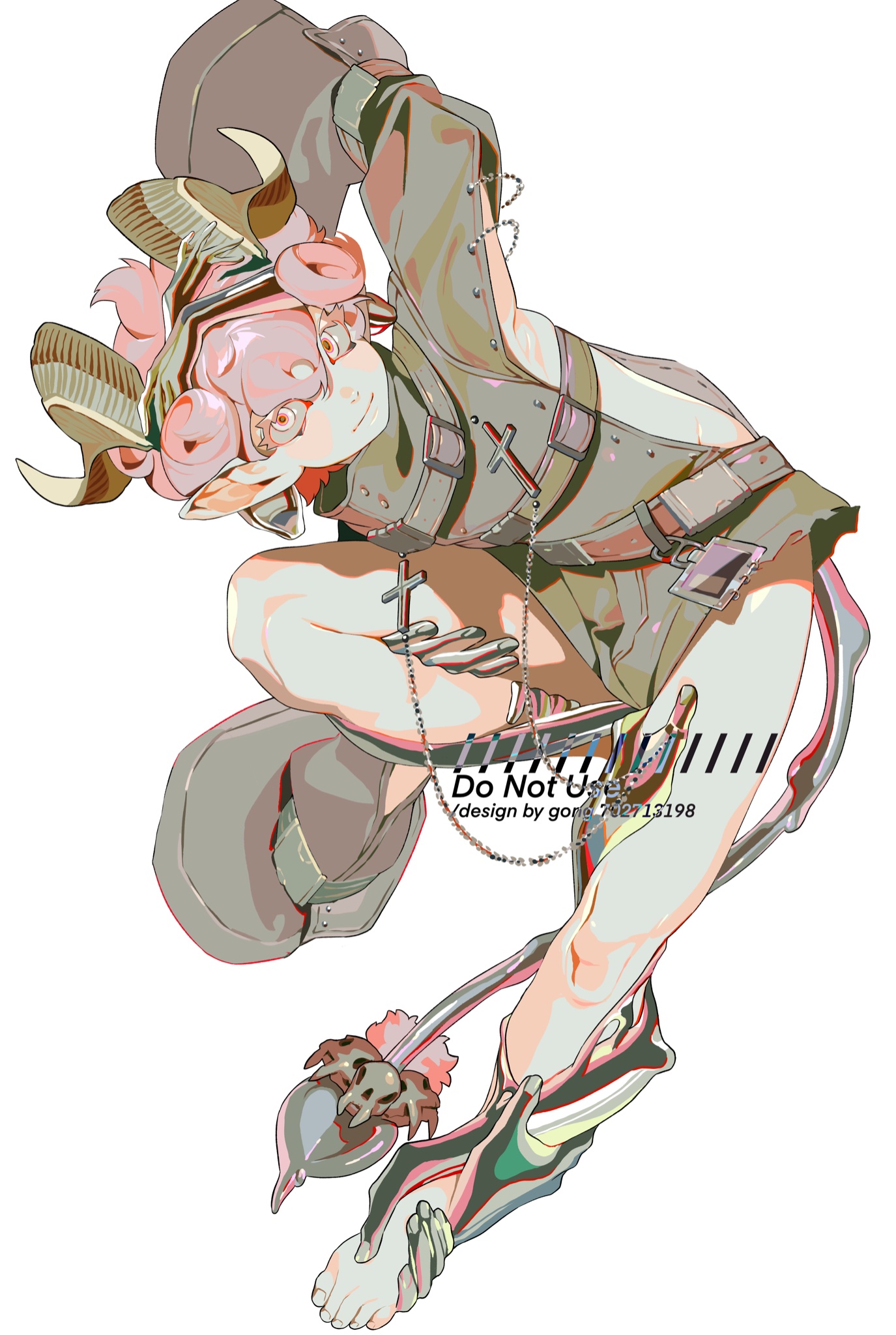 the image is an illustration in an anime style featuring an anthropomorphic pig character. the pig is wearing a military uniform, including a hat and goggles, with hornlike adornments. it has a cross necklace and several belts, alluding to a steampunk aesthetic. the character has unique, stylized legs that appear decorative, and its feet are bare. there are watermarks present stating "do not use" and "design by gom." the overall style of the artwork is stylized and intricate.