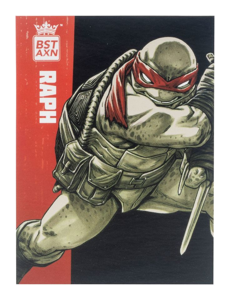 this is a closeup image of the teenage mutant ninja turtle, raphael. he is wearing his signature red bandanna and is holding his katanas in a fighting stance. the image is from a collectible card or toy.