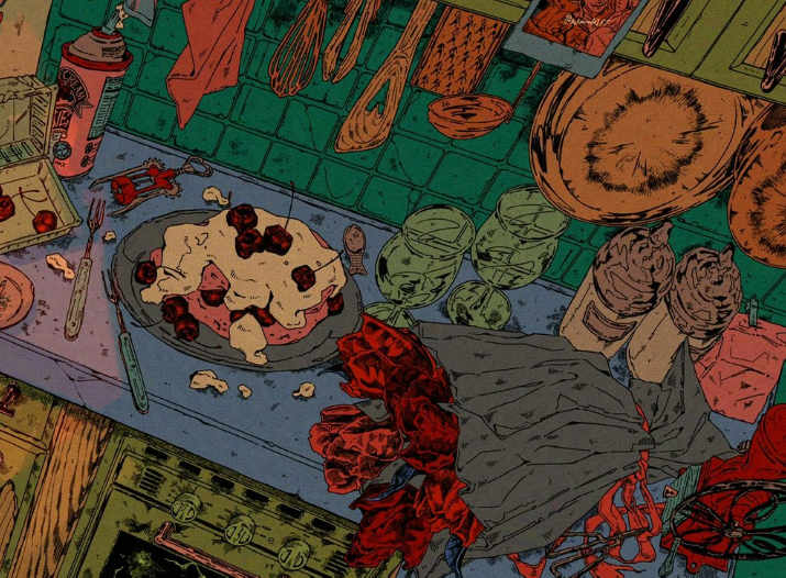 a cluttered kitchen scene with various food items, dishware, and cooking utensils scattered across the counter. there's a dish with ice cream and cherries, glasses, cooking utensils, flowers, and other items. the scene appears to be a still life or illustration of a messy kitchen environment.