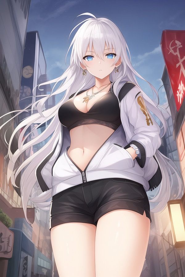 an anime girl with white hair and blue eyes is wearing a black top, white jacket, and black shorts. she is standing in a city street with japanese characters on signs in the background. the girl is looking at the camera, and she has a slightly mischievous expression on her face. the image is drawn in a colorful and detailed style, and the lighting is bright and inviting.